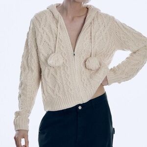 Cream Cable Knit Pom Pom Hoodie